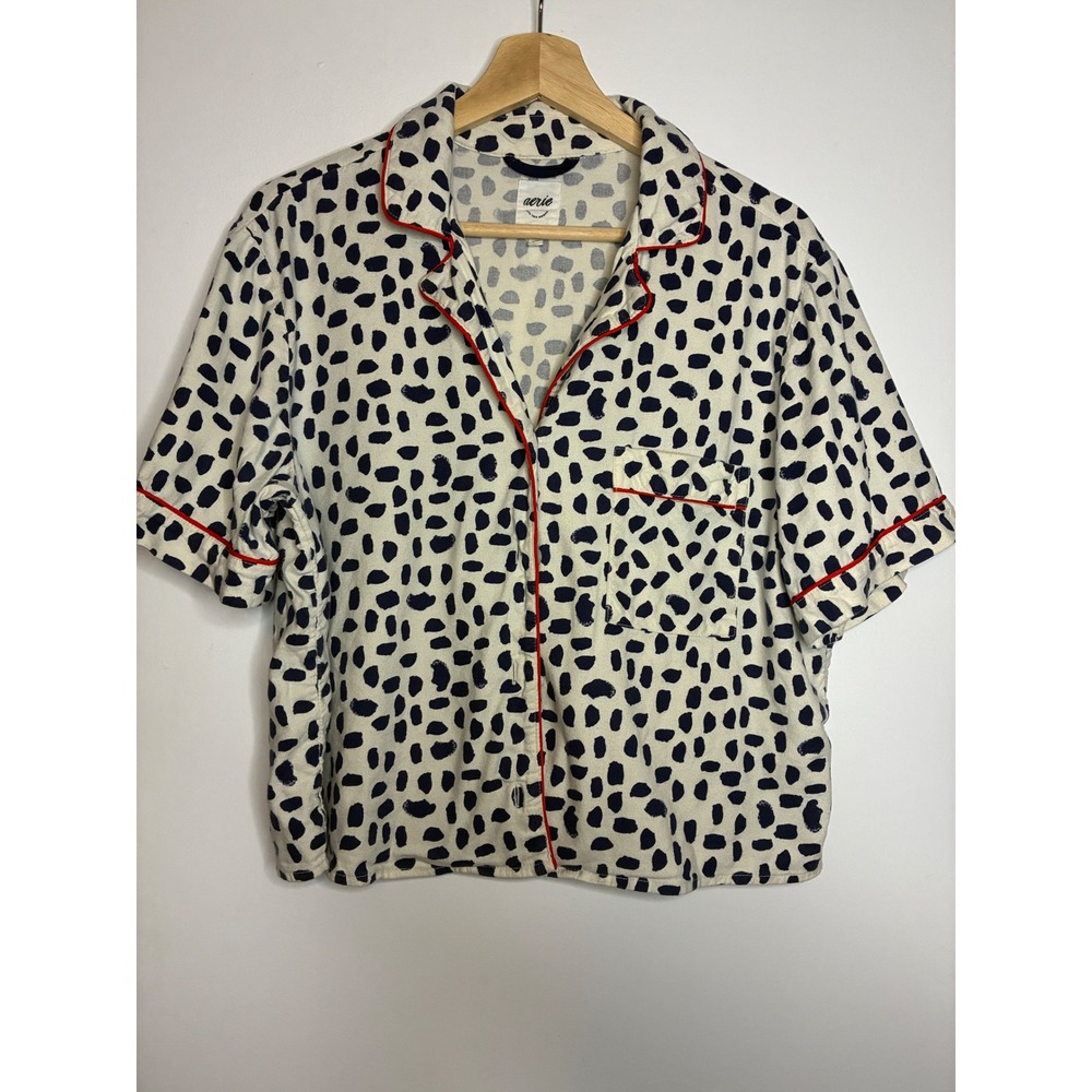 Aerie Womens Flannel Pajama Shirt Medium White Navy Blue Spots Toasted Coconut